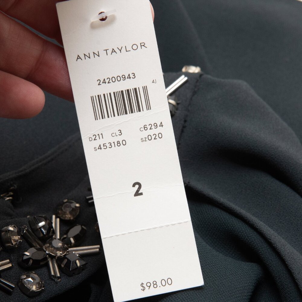 Ann Taylor Beaded Choker Neck Flutter Sleeve Blouse Cutout Green Grey Size 2 New - Picture 5 of 8